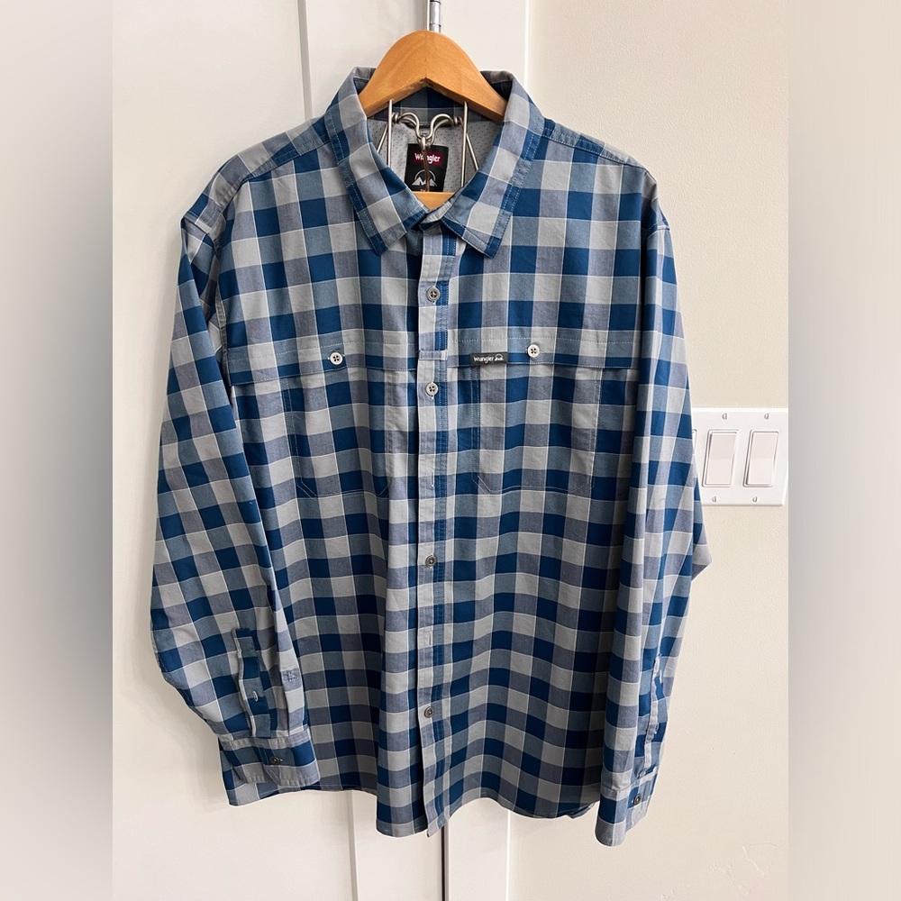 Wrangler Performance Regular Fit Mens Shirt Long Sleeve Blue Plaid Size 2XL
